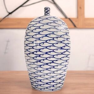 Barbara king Round Blue and White Hand Painted Accent Vase with Fish Pattern